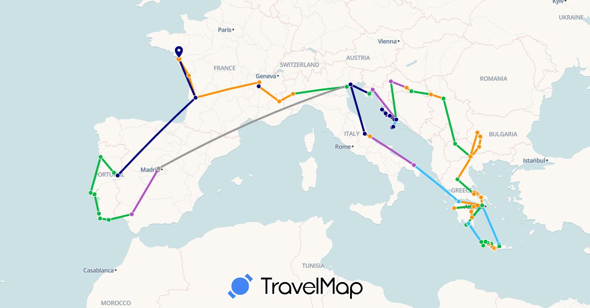 TravelMap itinerary: driving, bus, plane, train, boat, hitchhiking in Bulgaria, Spain, France, Greece, Croatia, Italy, Macedonia, Portugal, Serbia (Europe)